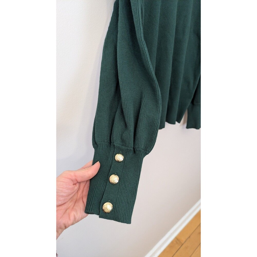 Lauren Ralph Lauren Puff Sleeve Sweater 2X Green Holiday Gold Buttons Preppy NWT - Picture 3 of 11